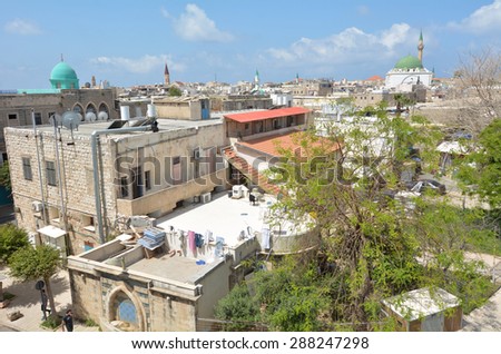 ACRE, ISRAEL - APR 21 2015:Urban Aerial view of Acre Akko old city port skyline,Israel. Acre is one of the oldest continuously inhabited sites in the world.