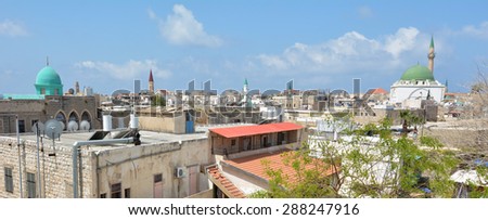 ACRE, ISRAEL - APR 21 2015:Urban Aerial view of Acre Akko old city port skyline,Israel. Acre is one of the oldest continuously inhabited sites in the world.