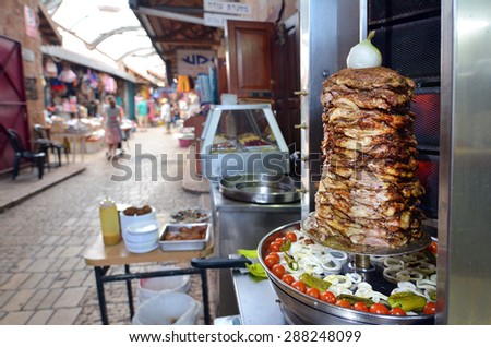 ACRE, ISRAEL - APR 21 2015:Levantine Arab meat Shawarma on display at acre old market in Akko, Israel. Acre is one of the oldest continuously inhabited sites in the world.