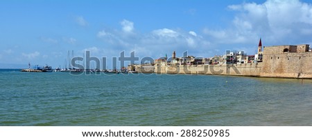 Panoramic landscape view of Acre Akko old city port skyline, Israel.