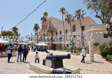 TEL AVIV, ISRAEL - MAR 24 2015:Visitors at  St. Peter\'s Church in old port of Jaffa in Tel Aviv Jaffa, Israel.Yaffo ancient port city in Israel famous for its beauty and ancient history.