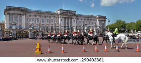 LONDON - MAY 13 2015:Changing the Guards ceremony at Buckingham Palace. Buckingham Palace has been the official London residence of Britain\'s sovereigns since 1837.