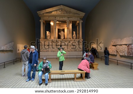 LONDON - MAY 15 2015:Visitors in the British Museum.The Museum contain almost 71,000 books, manuscripts, drawings, prints and antiques taken from Greece, Rome, Egypt, and many different countries.