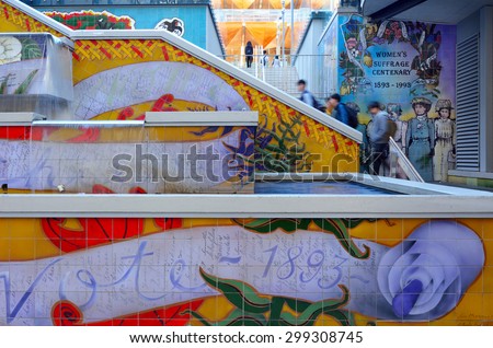AUCKLAND - JULY 21 2015:Khartoum Place stairway.It\'s a memorial and fountain dedicated to New Zealand women\'s suffrage movement. NZL become the first country to provide full suffrage to women in 1893.