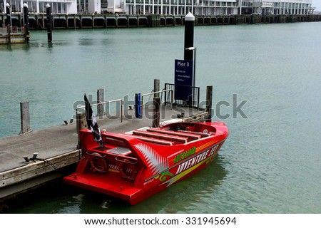 AUCKLAND - AUG 25 2015:Auckland Adventure Jet.Built in the South Island, New Zealand by Kwikkraft powered by twin 300HP Volvo jet engines, making it the fastest jet boat ride in Waitemata Harbour.