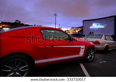 AUCKLAND - NOV 01 2015:Cars in Drive-in theater.Today there is only 400 drive-ins in the United States and 100 exist around the world mainly in Canada and Australia and it becoming popular in China.