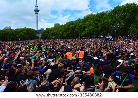 AUCKLAND,  NZL - NOV 04 2015:All Blacks team thanks to their fans in Victoria Park Auckland, New Zealand.The All Blacks are the holders of the Rugby World Cup in 2011 and 2015.