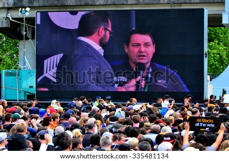 AUCKLAND,  NZL - NOV 04 2015:All Blacks coach Steve Hansen speek to the crowd in Victoria Park Auckland, New Zealand.The All Blacks are the holders of the Rugby World Cup in 2011 and 2015.
