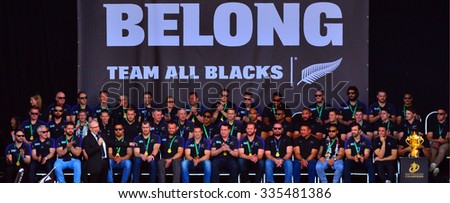 AUCKLAND,  NZL - NOV 04 2015:Len Brown the Mayor of Auckland blessing All Blacks team in Victoria Park Auckland, New Zealand.The All Blacks are the holders of the Rugby World Cup in 2011 and 2015.