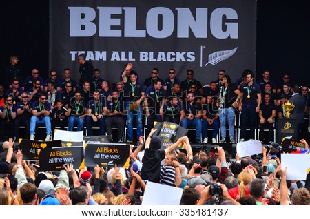 AUCKLAND,  NZL - NOV 04 2015:All Blacks team thanks to their fans in Victoria Park Auckland, New Zealand.The All Blacks are the holders of the Rugby World Cup in 2011 and 2015.