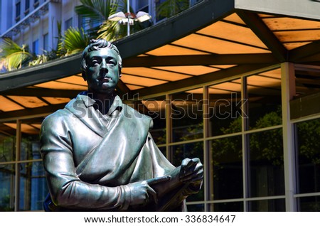 AUCKLAND,  NZL - NOV 05 2015:Lord Auckland statue outside Auckland City Council building.The city of Auckland in New Zealand was named after the first Earl of Auckland the patron of the city\'s founder