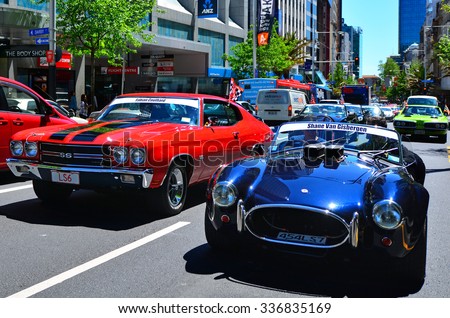 AUCKLAND - NOV 05 2015:US classic muscle cars pared in Auckland, New Zealand.It\'s A large V8 engine car fitted in a 2-door of family-style mid-size or full-size car designed for 4-5 passengers.