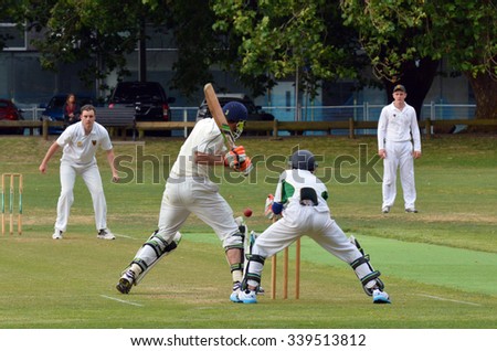 AUCKLAND - NOV 14 2015:Cricket bowler bowling to a batsman..It\'s one of New Zealand most popular national sport and the first recorded game took place in Wellington in December 1842.