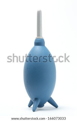 A blue air blower for cleaning a dust on film or digital camera sensor. isolated on white background.