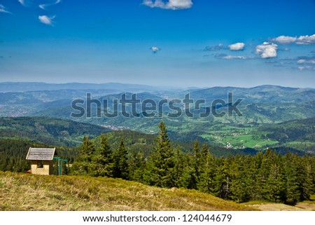 View from trail to the Pilsko Peak from Beskidy mountains, border of Poland and Slovakia