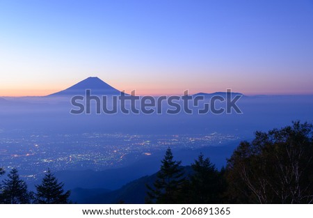 Lights of the Kofu city and Mt.Fuji at dawn