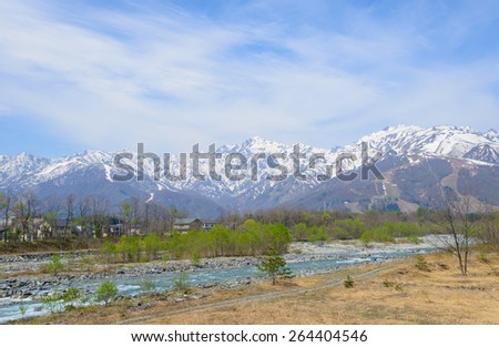 Landscape of the village of Hakuba and Shirouma mountains in Nagano, Japan