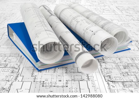 Blue folder document and project drawings