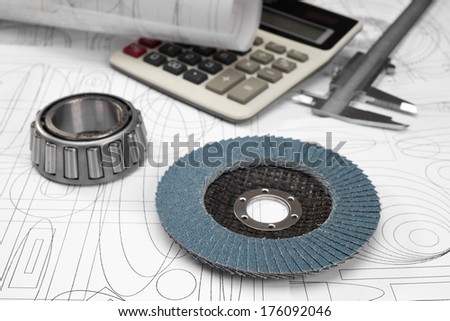 grinding disc, roller bearings, gauge, calculator and drawings