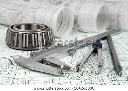 roller bearing, vernier callipers , compasses, technical pen and drawings