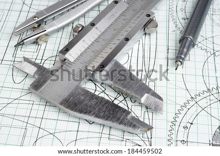 vernier callipers , compasses, technical pen and drawings