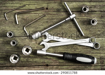 tools kit on wooden table