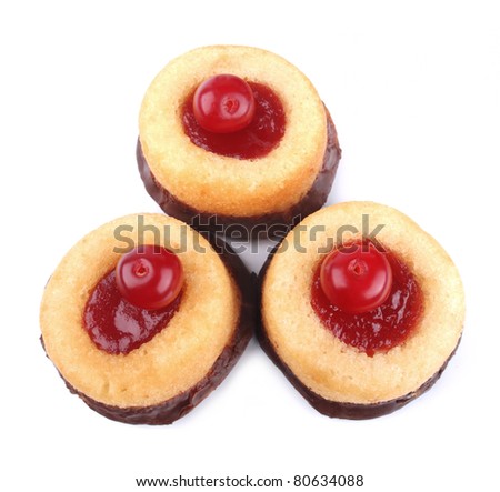 Cake with jam and morellos, isolated on white