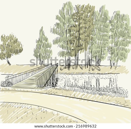 Summer landscape with a river and a bridge over it