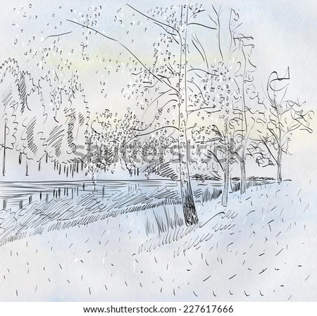 winter landscape with river. Watercolor. Vector illustration.