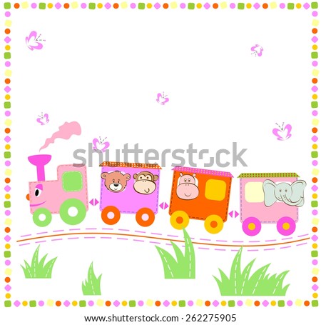 Cheerful train with animals. Babies background for your text.