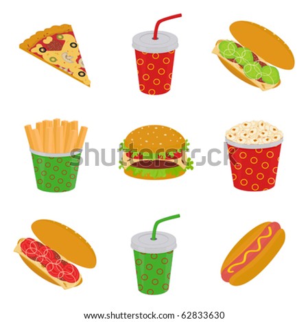 illustration of fast food: pizza, hamburger, sandwich, hot dog, popcorn, french fries, drink