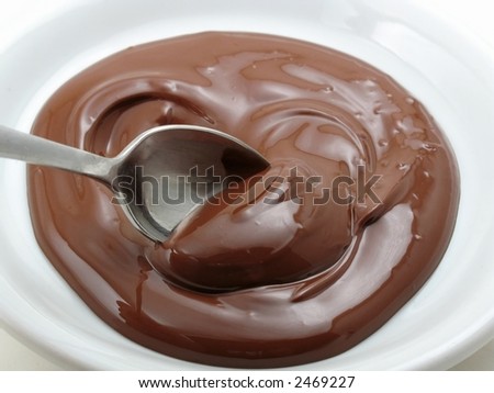 A small spoon takes a large scoop of melted chocolate from a white plate.