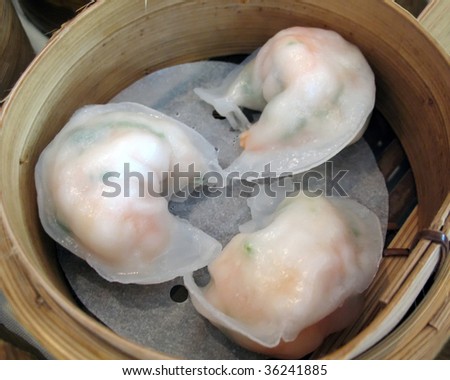 Asian Food Steamer on Shrimp And Scallop Dumplings  Chinese Dim Sum  In Bamboo Steamer