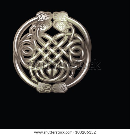 Raster version of vector/ Celtic charm with snakes - silver on black background