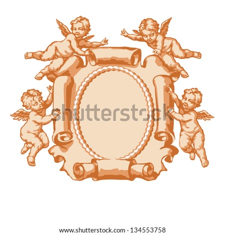 Raster version of vector/ Four little angel with a vertical parchment. In three colors on white background