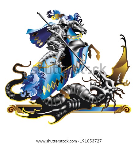 Raster version of vector/ Knight in blue robes and a dragon on a white background