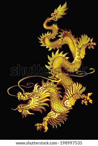 Raster version / Descending gold oriental dragon on a black background