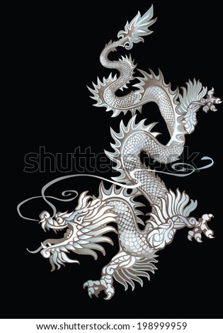 Raster version / Descending white oriental dragon on a black background