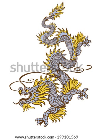 Raster version / Descending oriental dragon in three colors on white background