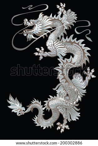 Raster version / Moving up a white oriental dragon on a black background