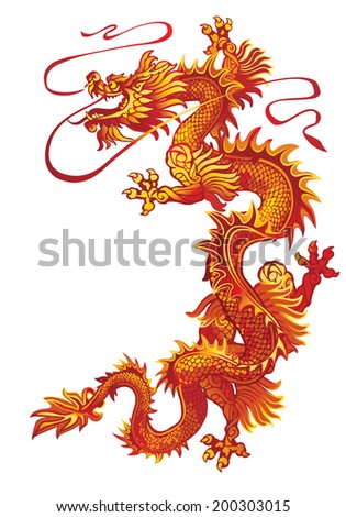 Raster version / Moving up red oriental dragon on a white background