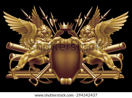 Raster version / Two winged lion with a crown and military attributes on a black background