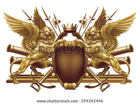 Raster version / Two winged lion with a crown and military attributes on a white background