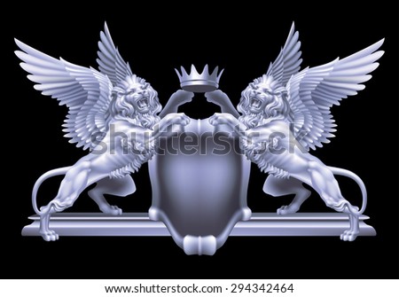 Raster version / Two winged lion with heraldic shield and crown on a black background