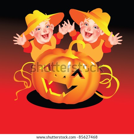 Raster version of vector/ Two boys with a pumpkin for Halloween in black and red background