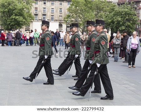 BUDAPEST, HUNGARY - 03 MAY 2014: Presentation of the guard of honor near the parliament building on 03 may 2014. Budapest. Hungary