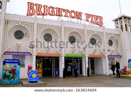 BRIGHTON, SUSSEX, UK. MARCH 19, 2015. The architectural disigned front of the amusement arcade on the pier at Brighton, Sussex, UK.