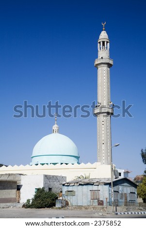 mosque with one minaret in Hurgada, Egypt. solar day