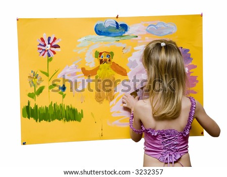 the young girl painting on a yellow background (The name of the picture - a bear in the spring:)