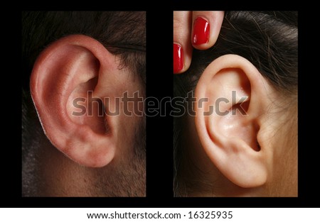 closeup of a man and woman ear in color